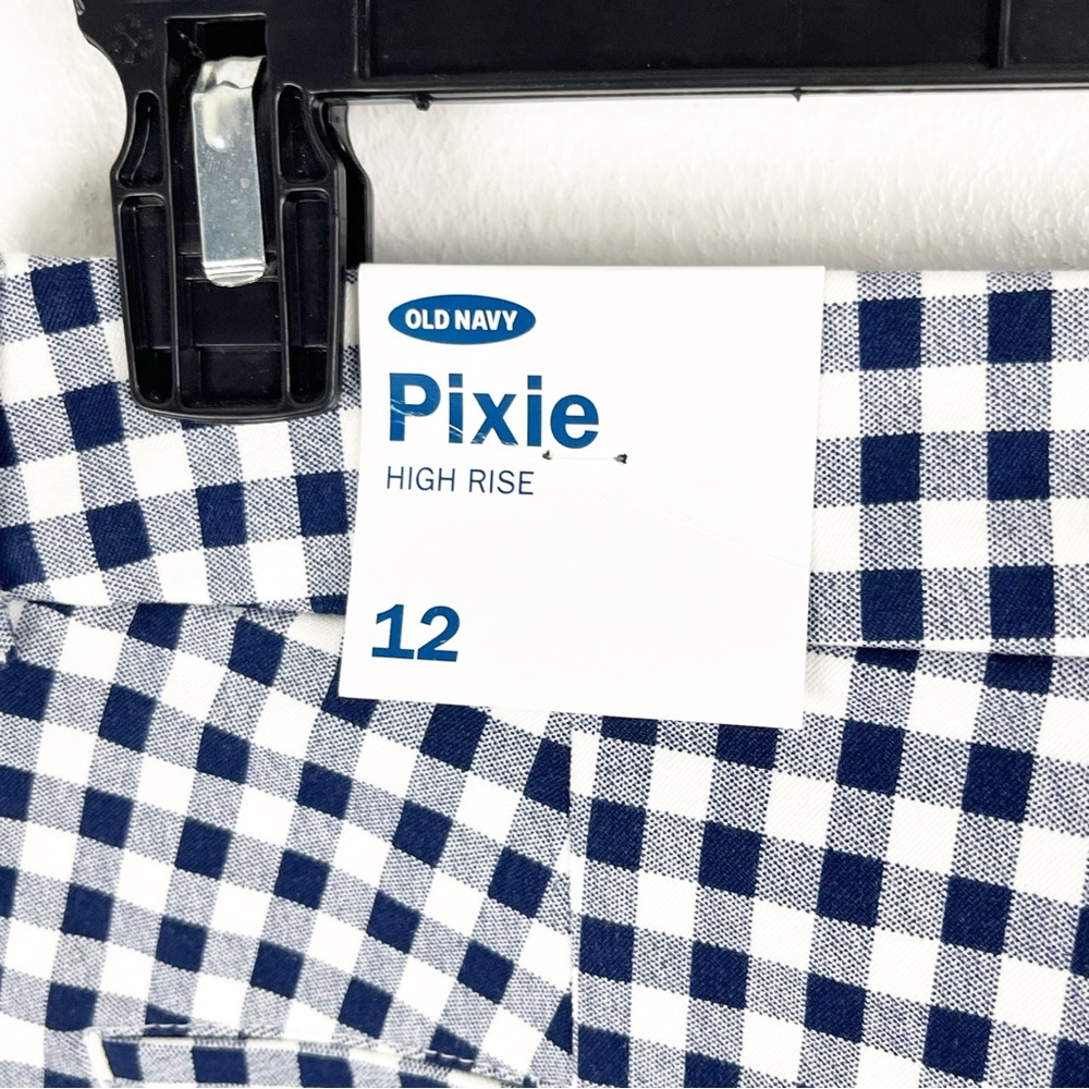OLD NAVY Blue White Gingham Checkered Plaid Pixie High Rise Cropped Pants  12 - Picture 4 of 12